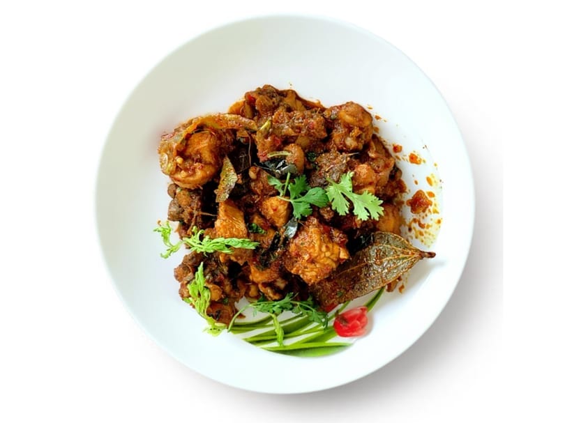 Spicy chicken curry with cilantro and bay leaves on a white plate.